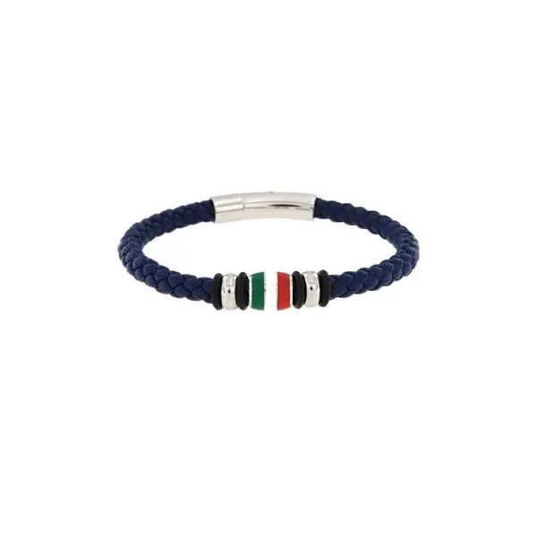 Blue Braided Leather and Stainless Steel Bracelet with Italian Flag Accent Arezzo Jewelers Elmwood Park, IL