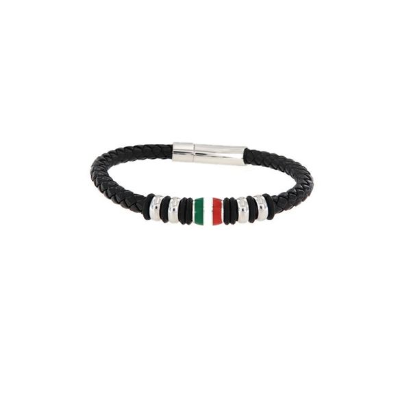 Black Braided Leather Stainless Steel Bracelet with Italian Flag Accent Arezzo Jewelers Elmwood Park, IL
