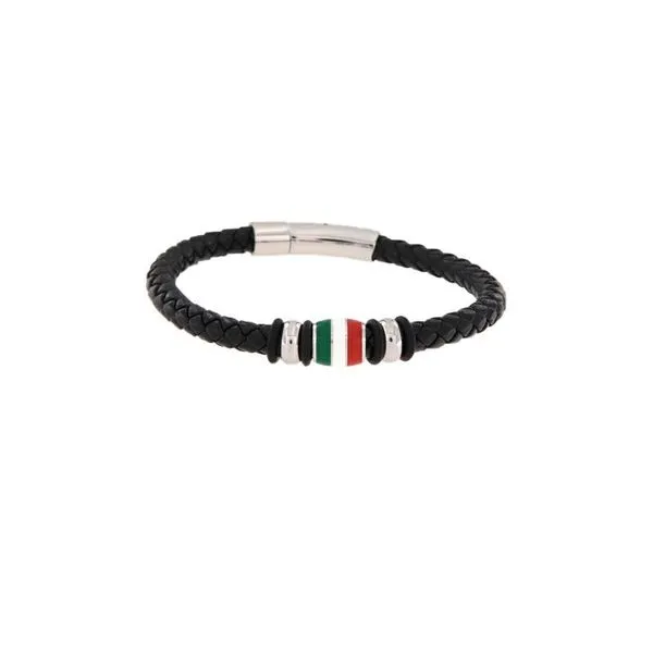 Black Braided Leather Steel Bracelet with Italian Flag Accent Arezzo Jewelers Elmwood Park, IL