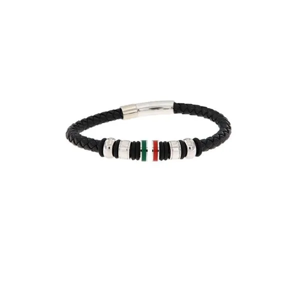 Black Braided Leather Steel Bracelet with Italian Flag Accent Arezzo Jewelers Elmwood Park, IL