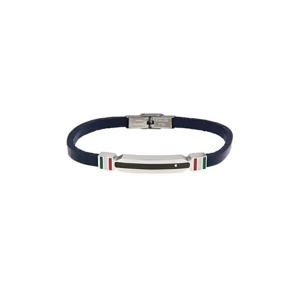 Blue Leather Stainless Steel Bracelet with Italian Flag Detail Arezzo Jewelers Elmwood, IL