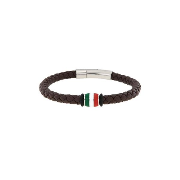 Brown Braided Leather Steel Bracelet with Italian Flag Accent Arezzo Jewelers Elmwood Park, IL
