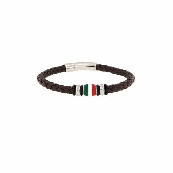 Brown Braided Leather Stainless Steel Bracelet with Italian Flag Accent Arezzo Jewelers Elmwood Park, IL