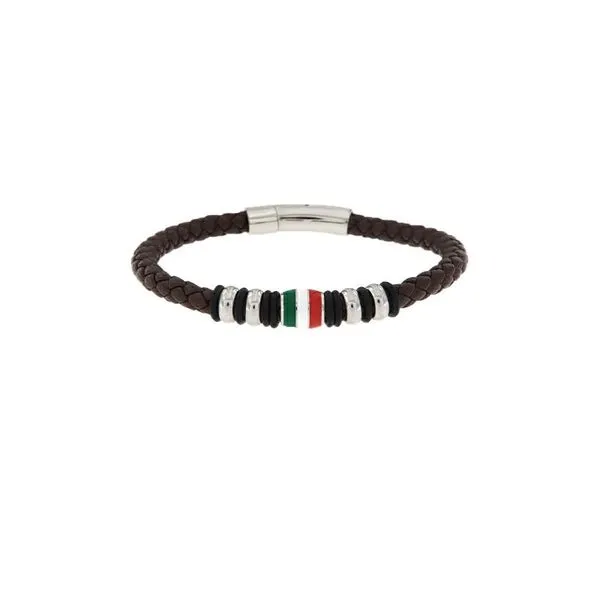 Brown Braided Leather Stainless Steel Bracelet with Italian Flag Accent Arezzo Jewelers Elmwood Park, IL