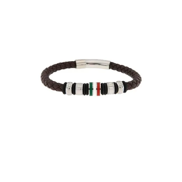 Brown Braided Leather Steel Bracelet with Italian Flag Accent similar item image
