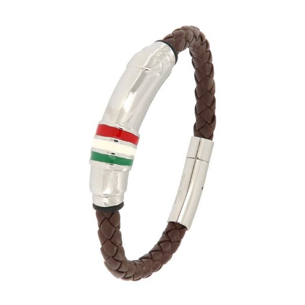 Brown Braided Leather Bracelet with Italian Flag Arezzo Jewelers Elmwood Park, IL
