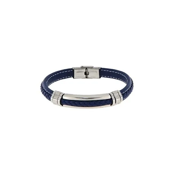 Blue Stitched Leather Bracelet with Stainless Steel Arezzo Jewelers Elmwood Park, IL
