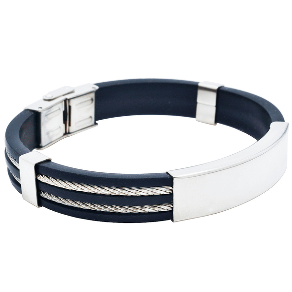 Mens Black Silicone Stainless Steel Wire Bangle ID Bracelet Arezzo Jewelers Elmwood Park, IL