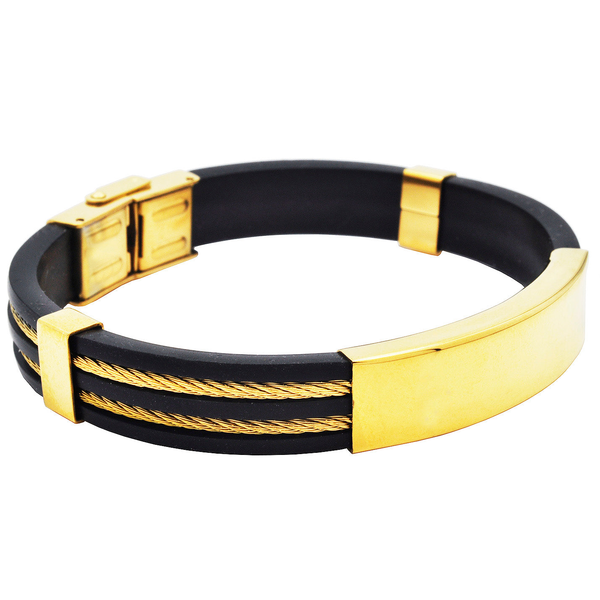 Mens Black Silicone Gold Stainless Steel Wire Bangle ID Bracelet Arezzo Jewelers Elmwood Park, IL