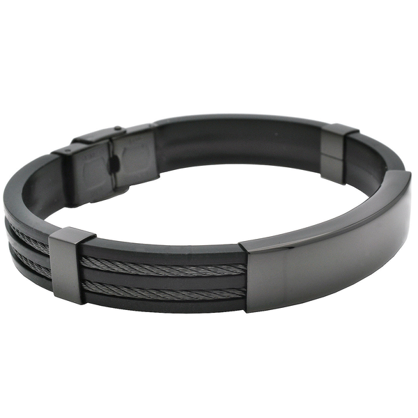 Mens Black Silicone Black Stainless Steel Wire Bangle ID Bracelet Arezzo Jewelers Elmwood Park, IL