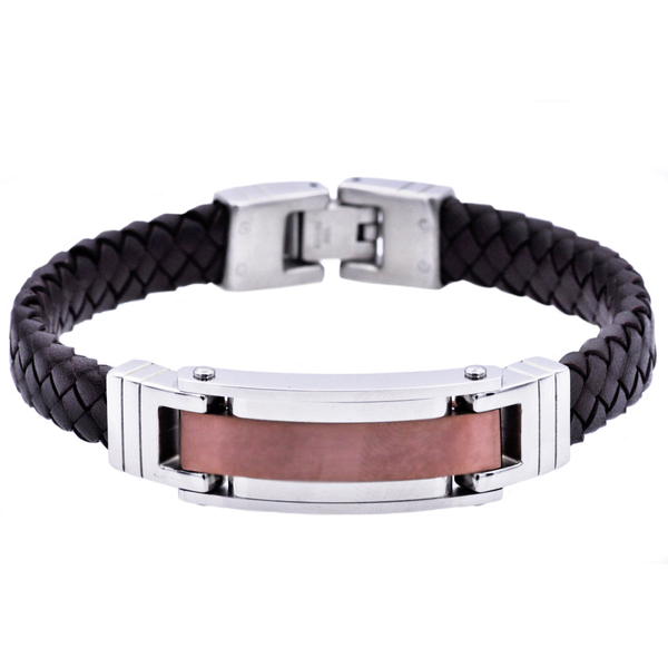 Mens Chocolate Stainless Steel Brown Leather Bracelet Arezzo Jewelers Elmwood Park, IL