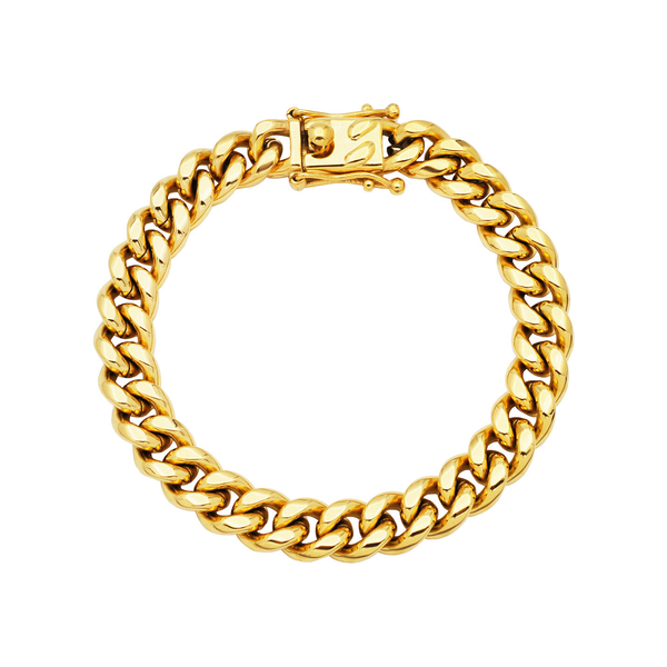 Mens 10mm Gold Stainless Steel Miami Cuban Link Chain Bracelet With Box Clasp Arezzo Jewelers Elmwood Park, IL