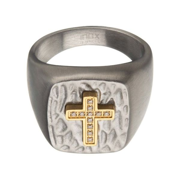 Gold Plated Cross with Clear CZs on Steel Hammered Signet Ring Image 2 Arezzo Jewelers Elmwood Park, IL