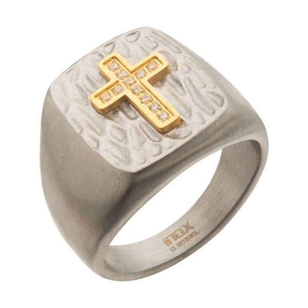 Gold Plated Cross with Clear CZs on Steel Hammered Signet Ring Arezzo Jewelers Elmwood Park, IL