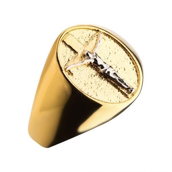 18K Gold Plated with Silver Plated Jesus Inlay Ring Image 2 Arezzo Jewelers Elmwood Park, IL