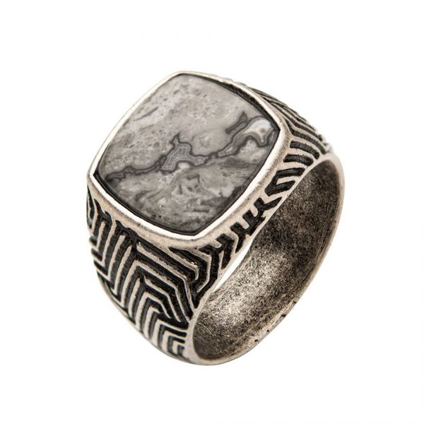 Stainless Steel Silver Plated with Gray Jasper Stone Ring Image 2 Arezzo Jewelers Elmwood Park, IL