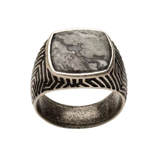 Stainless Steel Silver Plated with Gray Jasper Stone Ring Arezzo Jewelers Elmwood Park, IL