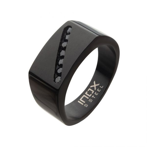 Stainless Steel Black Plated with Black CZ Gem in Diagonal Line Polished Signet Rings Image 2 Arezzo Jewelers Elmwood Park, IL