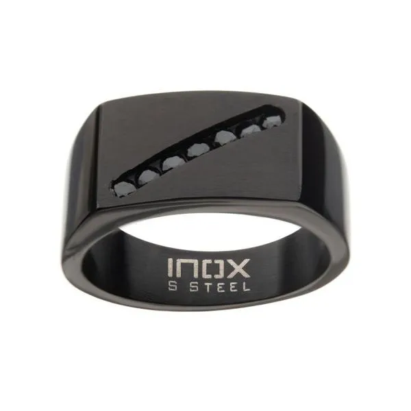 Stainless Steel Black Plated with Black CZ Gem in Diagonal Line Polished Signet Rings Arezzo Jewelers Elmwood Park, IL