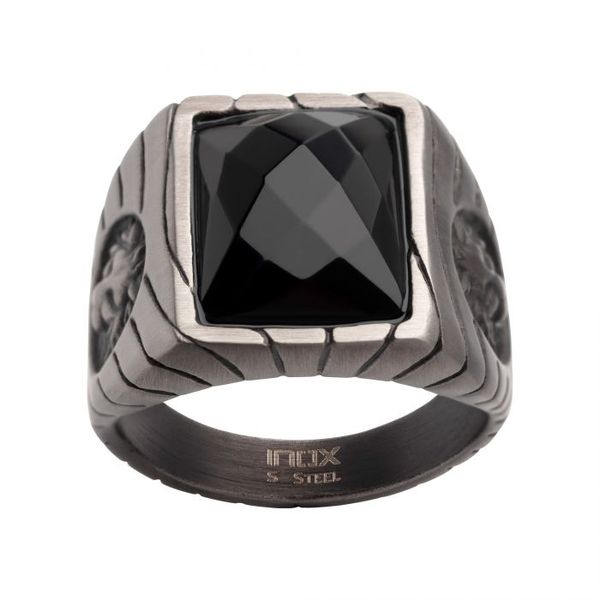 Matte Finish Gun Metal IP with African Lion Sigil & Faceted Black Agate Stone Signet Ring Image 2 Arezzo Jewelers Elmwood Park, IL