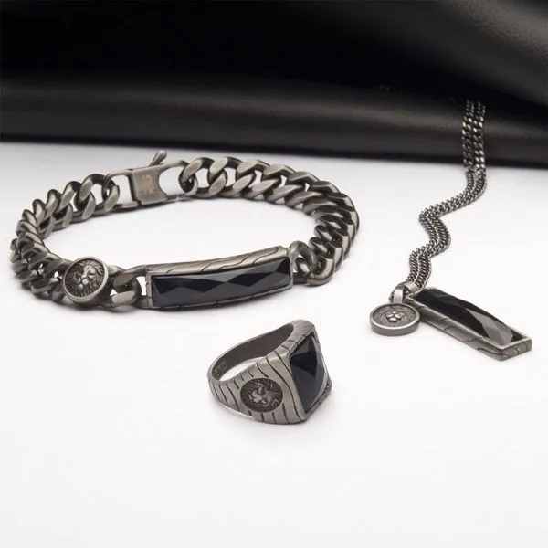 Matte Finish Gun Metal IP with African Lion Sigil & Faceted Black Agate Stone Signet Ring Image 4 Arezzo Jewelers Elmwood, IL