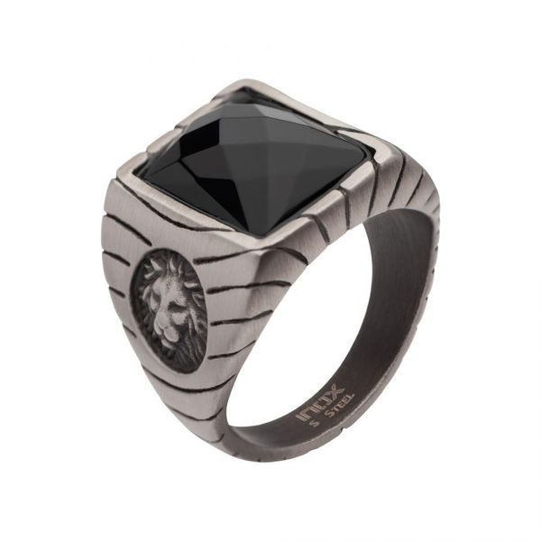 Matte Finish Gun Metal IP with African Lion Sigil & Faceted Black Agate Stone Signet Ring Arezzo Jewelers Elmwood Park, IL