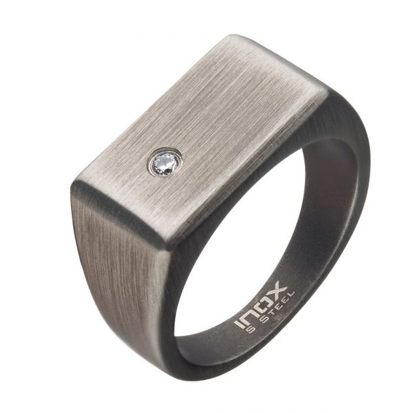 Steel & Gun Metal Plated with 2mm Clear CZ Signet Ring Arezzo Jewelers Elmwood Park, IL