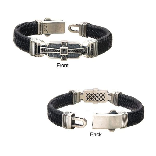 Genuine Sterling Silver with Black Braided Leather and 40pc Black CZ Bracelet Image 2 Arezzo Jewelers Elmwood Park, IL