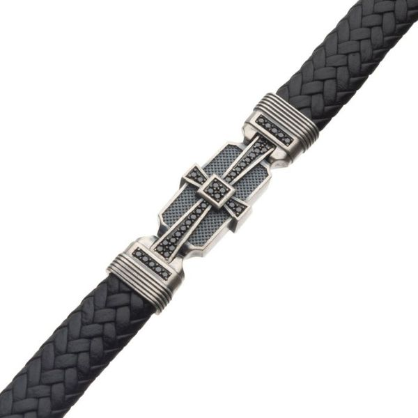 Genuine Sterling Silver with Black Braided Leather and 40pc Black CZ Bracelet Image 4 Arezzo Jewelers Elmwood Park, IL