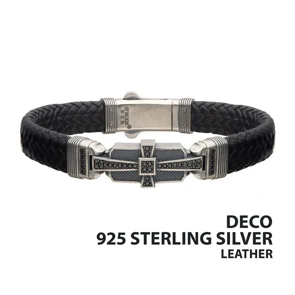 Genuine Sterling Silver with Black Braided Leather and 40pc Black CZ Bracelet Arezzo Jewelers Elmwood Park, IL