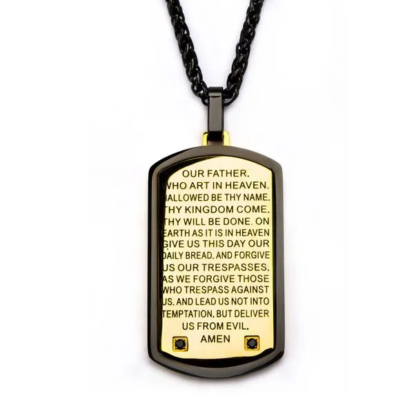 Two Tone w/ Lord's Prayer Black CZ Gem Dog Tag Pendant with Chain Arezzo Jewelers Elmwood Park, IL