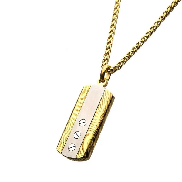 Damascus Steel Gold Plated Dog Tag with Chain Image 2 Arezzo Jewelers Elmwood Park, IL