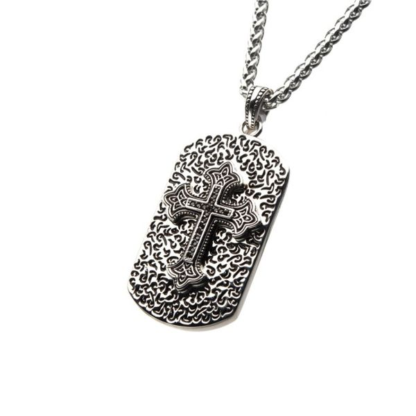 Black Oxidized Steel Dog Tag Pendant with Black CZs Gothic Cross Inlayed Image 2 Arezzo Jewelers Elmwood Park, IL