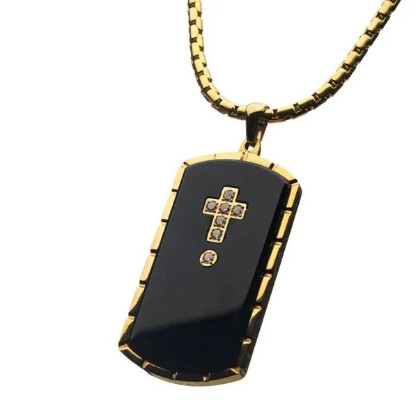 Black Agate Swarovski CZ Black & Gold Plated Dog Tag Pendant with Chain Image 3 Arezzo Jewelers Elmwood Park, IL