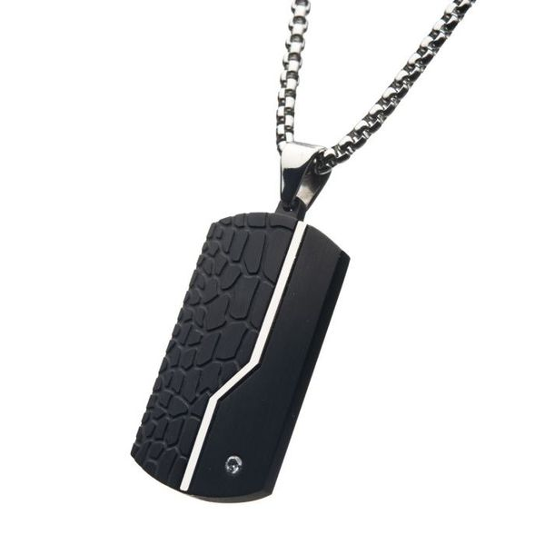 Stainless Steel Thin Line Crocodile Dog Tag Pendant with 2mm Clear CZ & Steel Chain Image 3 Arezzo Jewelers Elmwood Park, IL