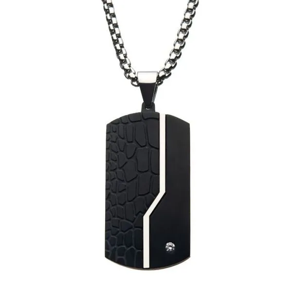 Stainless Steel Thin Line Crocodile Dog Tag Pendant with 2mm Clear CZ & Steel Chain Arezzo Jewelers Elmwood Park, IL