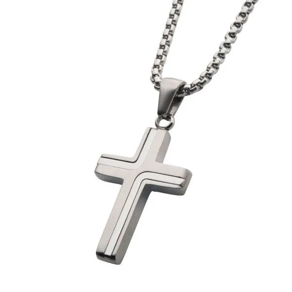 Steel Cross Drop Pendant with Round Box Chain Image 2 Arezzo Jewelers Elmwood Park, IL