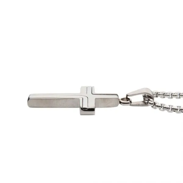 Steel Cross Drop Pendant with Round Box Chain Image 3 Arezzo Jewelers Elmwood Park, IL