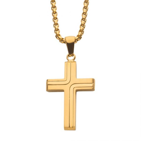 18K Gold IP Cross Drop Pendant with Round Box Chain Arezzo Jewelers Elmwood Park, IL