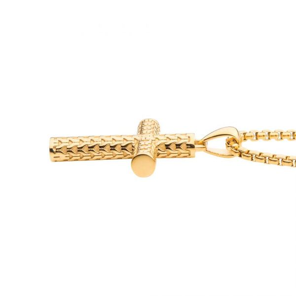 Polished 18K Gold IP Scale Cross Drop Pendant with Bold Box Chain Image 2 Arezzo Jewelers Elmwood Park, IL