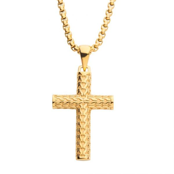 Polished 18K Gold IP Scale Cross Drop Pendant with Bold Box Chain Arezzo Jewelers Elmwood Park, IL