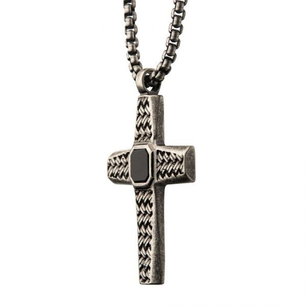 Stainless Steel Silver Plated Cross Pendant with Black Agate Stone, with Steel Box Chain Image 2 Arezzo Jewelers Elmwood Park, IL