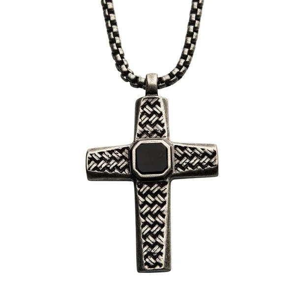 Stainless Steel Silver Plated Cross Pendant with Black Agate Stone, with Steel Box Chain Arezzo Jewelers Elmwood Park, IL