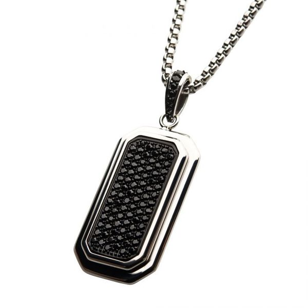 Stainless Steel Dog Tag Pendant with Black CZ Inlay, with Steel Box Chain Image 2 Arezzo Jewelers Elmwood Park, IL