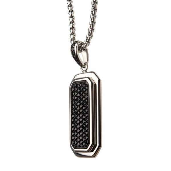 Stainless Steel Dog Tag Pendant with Black CZ Inlay, with Steel Box Chain Image 3 Arezzo Jewelers Elmwood Park, IL