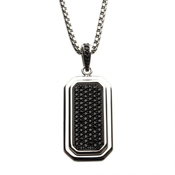 Stainless Steel Dog Tag Pendant with Black CZ Inlay, with Steel Box Chain Arezzo Jewelers Elmwood Park, IL