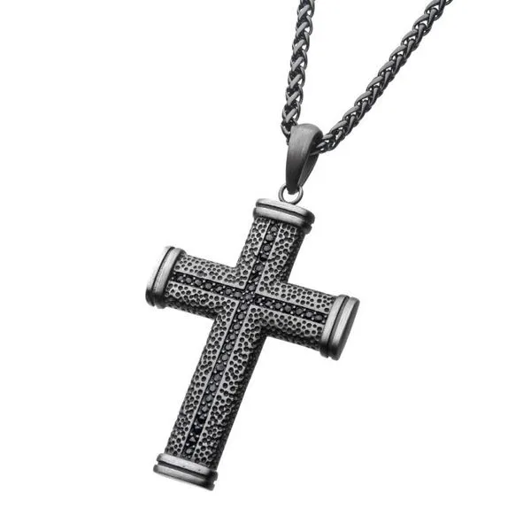 Stainless Steel Antique Bronze Plated with Black CZ Pendant with Wheat Chain Image 2 Arezzo Jewelers Elmwood Park, IL