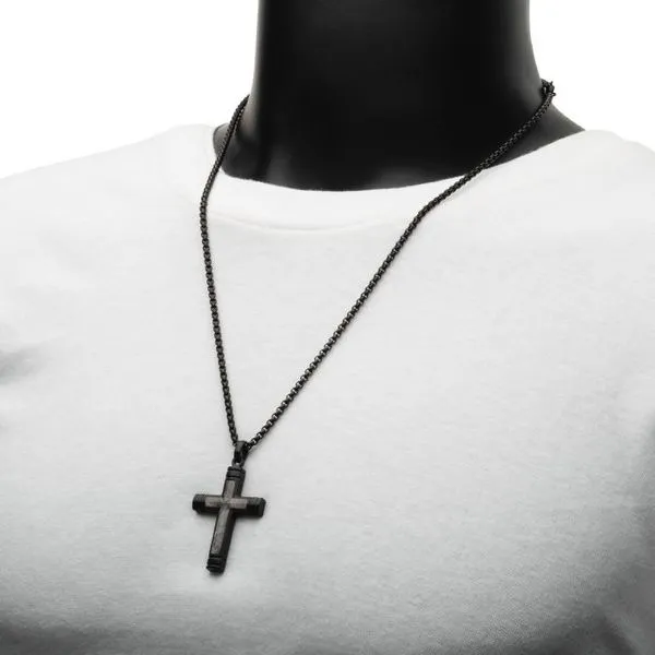 Meteorite Inlay Cross Pendant with Black IP Box Chain Image 4 Arezzo Jewelers Elmwood Park, IL