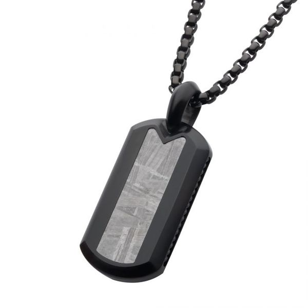 Meteorite Inlay Dog Tag Pendant with Black IP Box Chain Image 2 Arezzo Jewelers Elmwood Park, IL