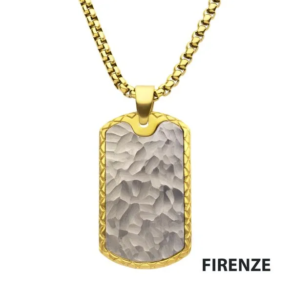 18K Gold IP Stainless Steel Chiseled Bold Tag Firenze Pendant with Box Chain Arezzo Jewelers Elmwood Park, IL